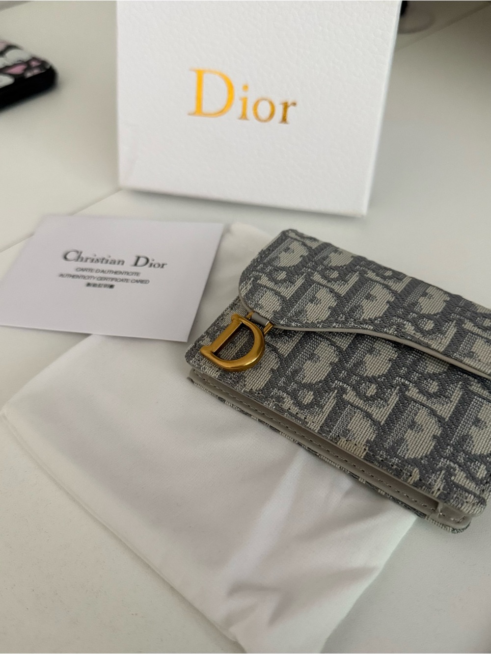 Grey Oblique Canvas Card Wallet with Gold 'D' Accent